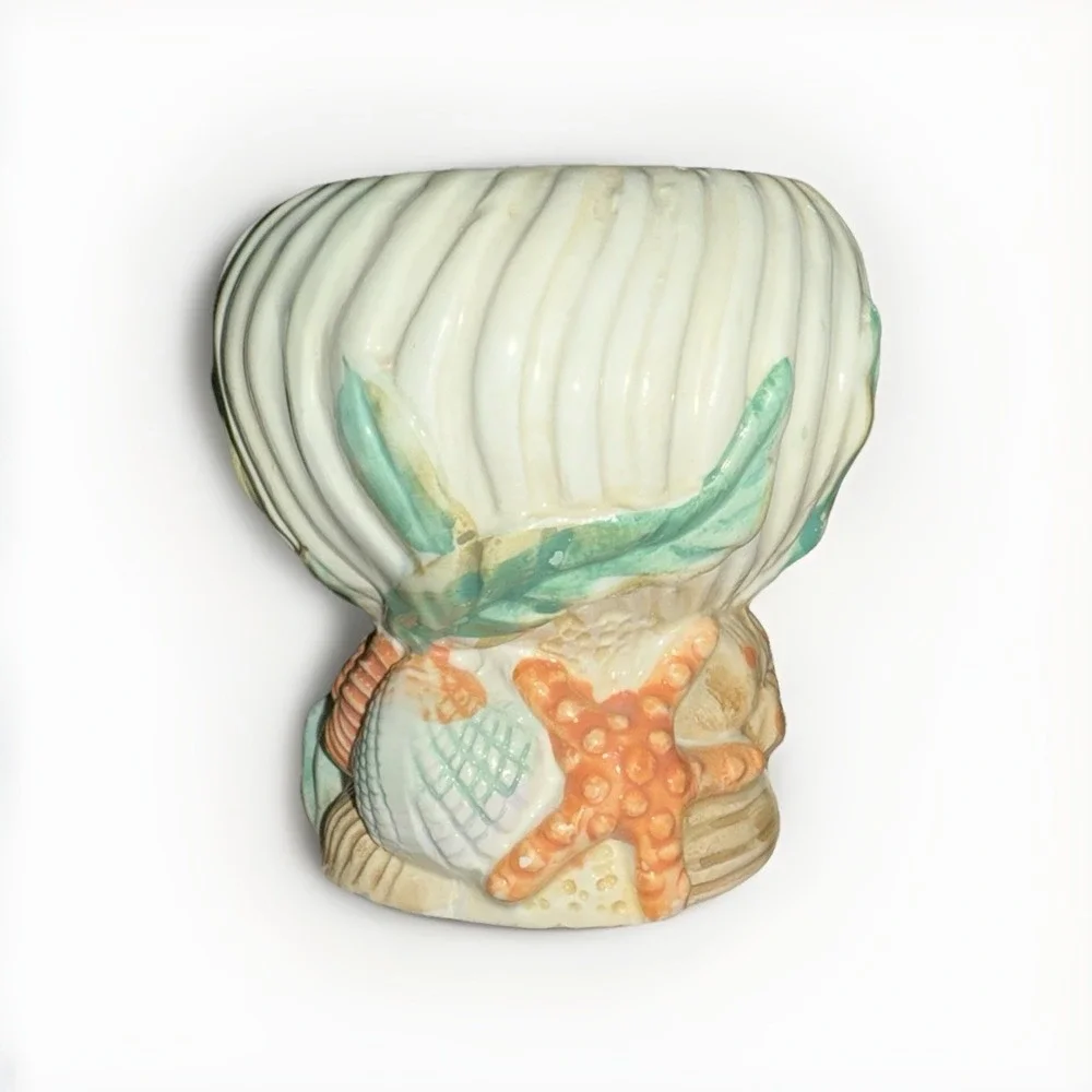 Vintage Ceramic Seashell Starfish Vase Pastel Coastal Nautical Decor Planter